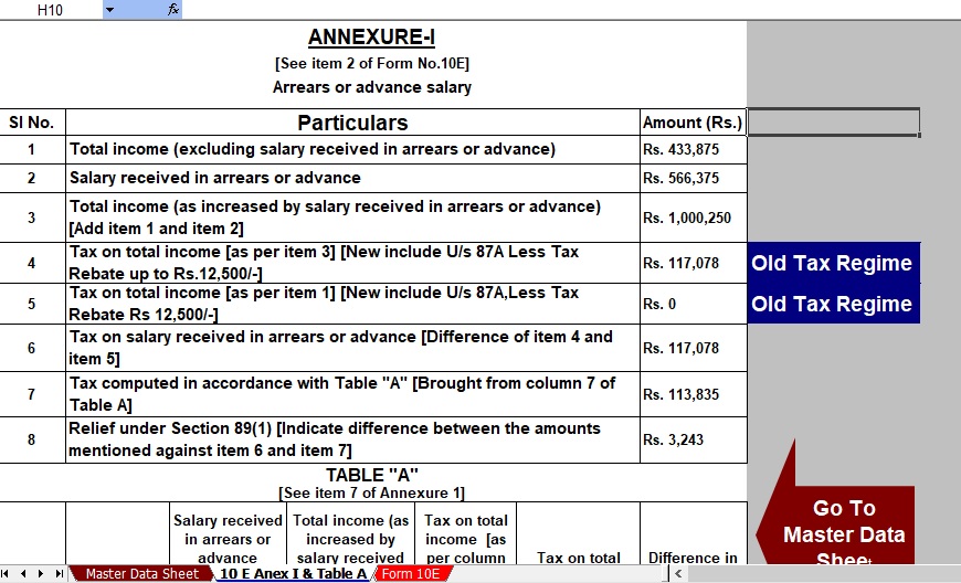 Auto Prep Income Tax Arrears Relief Calculator U/s 89(1) with Form 10E in Excel for FY2023-24 and the Assessment Year 2024-25
