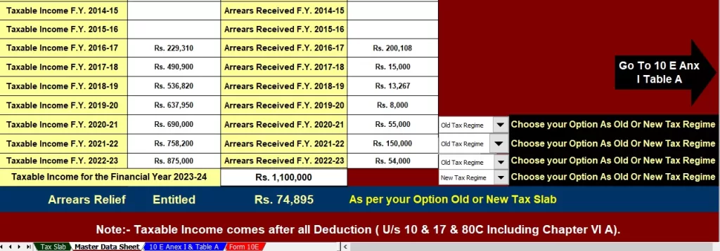 Download Excel Based Automatic Revised Income Tax Form 10E for the F.Y.2023-24 as per New and Old Tax Regime U/s 115 BAC