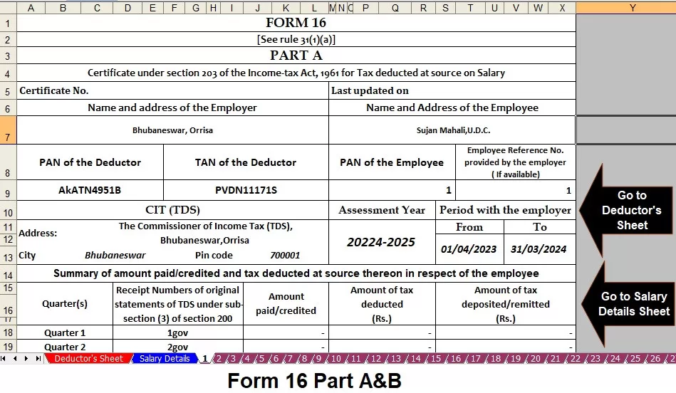 Download Automatic Excel Based Income Tax Form 16 Part A and B