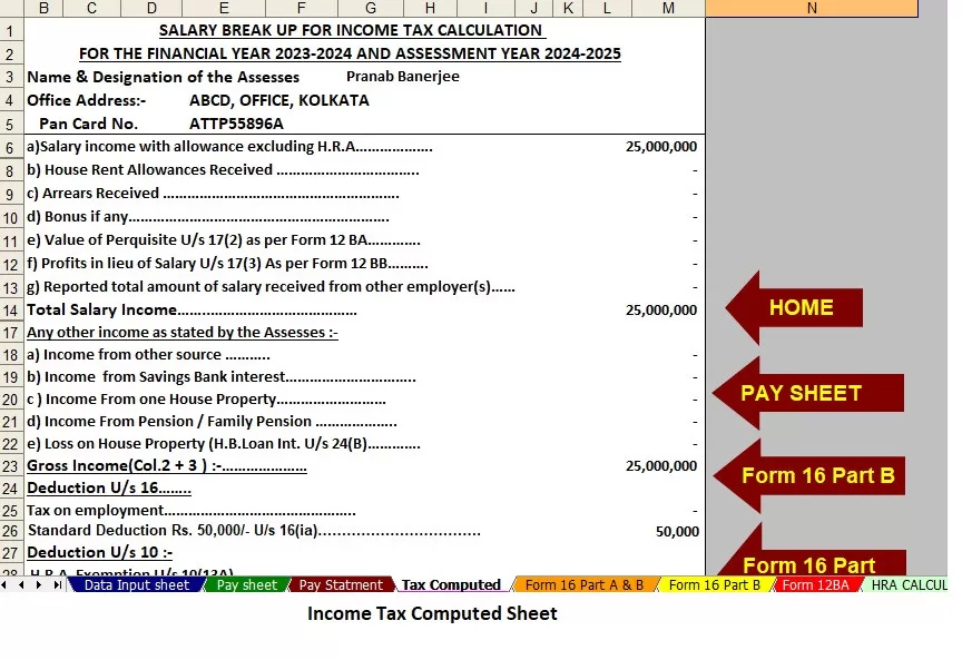 Download Automated Income Tax Calculator All in One in Excel for the Non-Government Employees for the F.Y.2024-25 as per the Budget 2024
